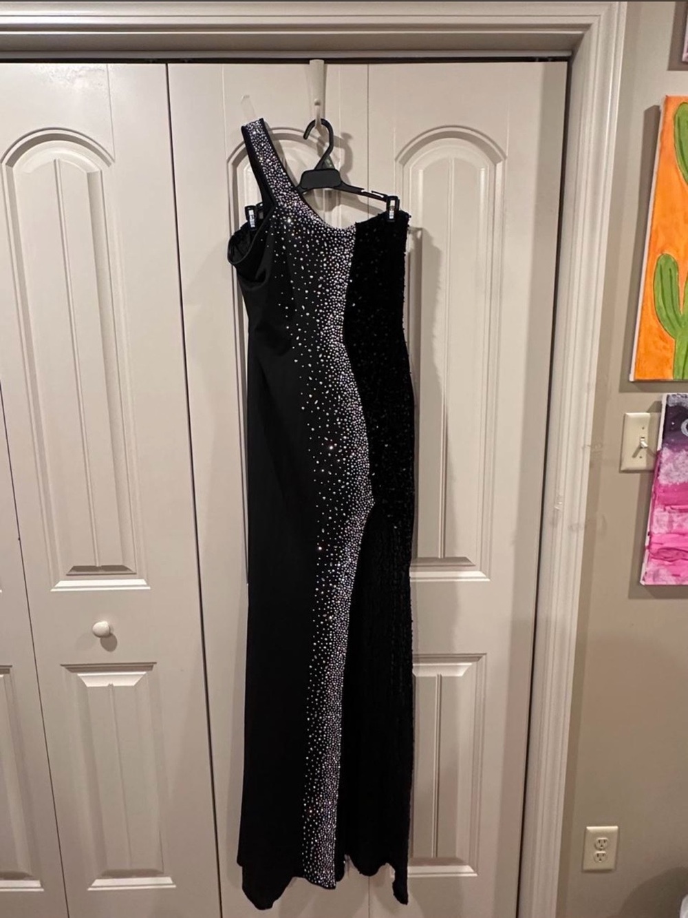 Black One-Shoulder Evening Gown with Crystal Detail